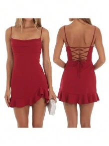 Women's Sleeveless Ruffle Mini Dress - Spaghetti Strap, Cross Back, Square Neck Bodycon Design. Perfect For Clubwear, Parties, Or Night Out - 紅色 - 查看 3