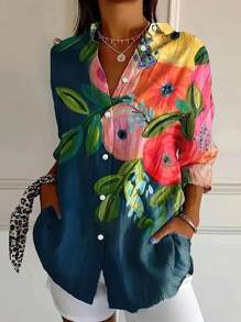 Women'S Casual Floral Print Polyester Blouse With Lapel Collar - Spring/Fall Woven Shirting Top For Adults - Multicolor - View 1