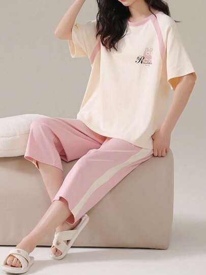 AICJ 2 件套女士休闲纯色插肩袖睡衣母亲节圆领卡通熊印花短裤和上衣睡衣套装春夏两件套