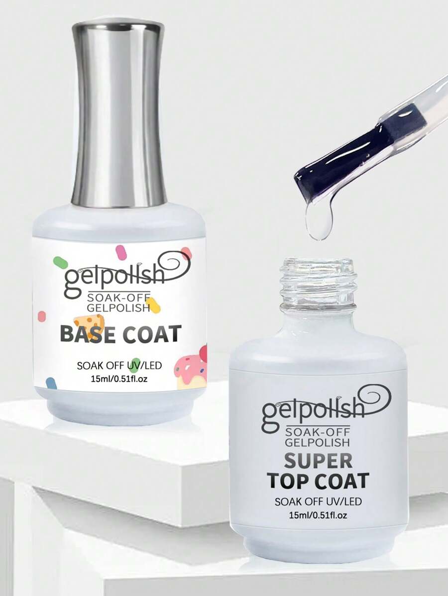 2支15毫升免擦拭凝胶底油和面油套装，光泽亮丽，持久耐用，适合家庭美甲沙龙DIY美甲。 - 無色 - 查看 1