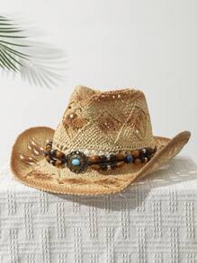 1Pcs Unisex Bead Decor Dyeing Wide Brim Printed Cowgirl Hat Summer Travel Shade Cowboy Hat Hollow Breathable With Beaded Trim Band Hand Woven Beach Hat Sun Hat Straw Hat - 米色 - 查看 1