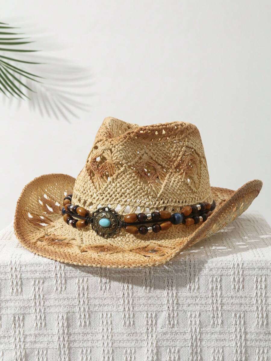 1Pcs Unisex Bead Decor Dyeing Wide Brim Printed Cowgirl Hat Summer Travel Shade Cowboy Hat Hollow Breathable With Beaded Trim Band Hand Woven Beach Hat Sun Hat Straw Hat - 米色 - 查看 1