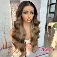 13*6 瑞士蕾丝前波浪中分自由部分预拔中长发 26 英寸高温纤维假发，带婴儿发挑染，蜂蜜金色，适合日常佩戴、派对、女士合成全假发 - 漸層棕色 - 查看 7