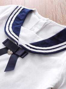 女童短袖 T 恤，优雅蝴蝶结水手领，休闲领 Polo 衫，适合小女孩和青少年女孩的校服 T 恤夏季 - 白色 - 查看 2