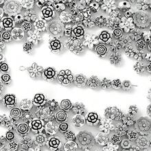 50/100 件混合复古银色花朵珍珠、雏菊和玫瑰花朵合金隔珠，适用于 DIY 手链、项链、珠宝、情侣配饰、情人节礼物