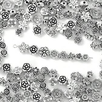 50/100 件混合复古银色花朵珍珠、雏菊和玫瑰花朵合金隔珠，适用于 DIY 手链、项链、珠宝、情侣配饰、情人节礼物