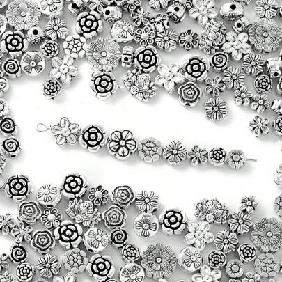 50/100 件混合复古银色花朵珍珠、雏菊和玫瑰花朵合金隔珠，适用于 DIY 手链、项链、珠宝、情侣配饰、情人节礼物