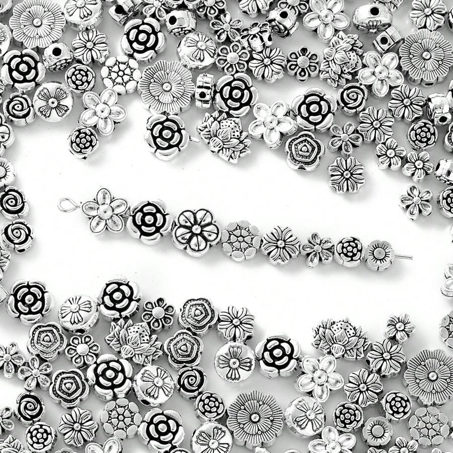 50/100 件混合复古银色花朵珍珠、雏菊和玫瑰花朵合金隔珠，适用于 DIY 手链、项链、珠宝、情侣配饰、情人节礼物