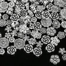 50/100 件混合复古银色花朵珍珠、雏菊和玫瑰花朵合金隔珠，适用于 DIY 手链、项链、珠宝、情侣配饰、情人节礼物