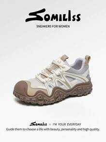 somiliss New Style Sports Style Non-Slip Women's Sports Casual Shoes Front Lace-Up Microfiber Leather Mesh Breathable And Comfortable Student Beige Running Shoes Fashionable High-End Low-Top Outdoor Mountaineering Walking Shoes - Beige - View 2