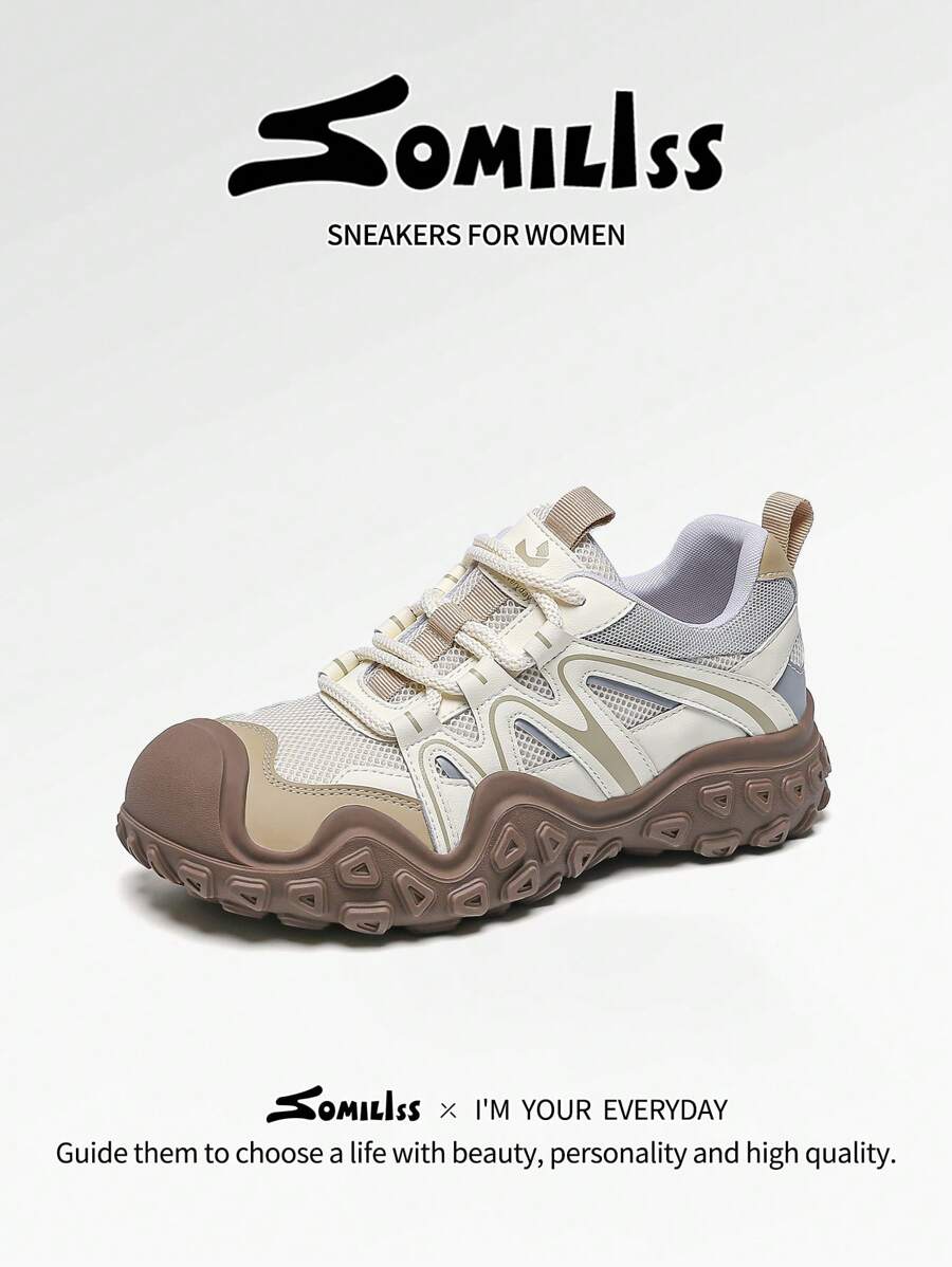 somiliss New Style Sports Style Non-Slip Women's Sports Casual Shoes Front Lace-Up Microfiber Leather Mesh Breathable And Comfortable Student Beige Running Shoes Fashionable High-End Low-Top Outdoor Mountaineering Walking Shoes
