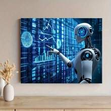 Pintura decorativa con robot de Inteligencia Artificial futurista, gran obra de arte de pared con marco, que muestra la tecnología robótica avanzada y la interfaz de datos digitales, adecuada para decorar la sala de estar, dormitorio u oficina, arte de pared con estilo tecnológico ciberpunk, apropiado para uso doméstico o boutique - Negro - Ver 5