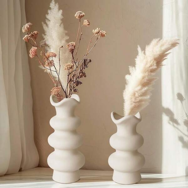 1pc/2pcs Bobble Mouth Vase, White Ceramic Vase, Modern Art Deco Vase, Handmade Vase, Round Spiral Vase, Pampas Vase, Modern Dry Vase, Bohemian Home Decor, Abstract Vase For Room Decor,Home Decor,Kitchen Decor,Wedding Decor,Table Decoration,Centerpieces,Office Decor,Garden Decor,Outdoor Decor