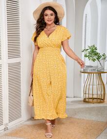 Yesfashion Womens Plus Size Loose Jumpsuits Summer Short Sleeve One Piece Outfit Elastic Waist Wide Leg Floral Jumpsuits - Hoa màu vàng - Xem 4
