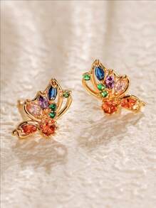 cheruik 2 件彩色锆石蝴蝶耳环，女士蝴蝶耳环耳钉，彩色蝴蝶耳环耳钉，彩色锆石蝴蝶耳环耳钉 - 蝴蝶型 - 查看 1