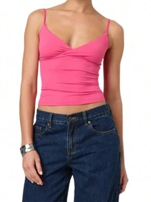 Women's Y2K Summer Cami Tops Sleeveless Open Back V Neck Solid Color Slim Fit Going Out Crop Tank Tops Streetwear Clubwear - Màu Hồng Tươi - Xem 1