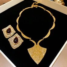 3 件套中世纪图案浮雕耳环和项链套装，法式复古浮雕颈链耳环，适合女性派对、婚礼首饰套装、斋月节日首饰 - 金色 - 查看 10