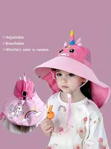 1 pieza Sombrero de sol infantil transpirable y suave con diseño de dibujos animados, gorra de playa de ala ancha ajustable para niños y niñas