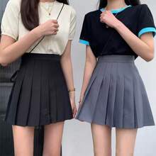 FATSHEI Falda Plisada De Cintura Alta Para Mujer, Faldas De Coreano,Falda plisada de moda, media falda, estilo coreano, temperamento, faldas para mujer, falda corta en forma de A, cintura alta, versátil, delgada, fresca, color sólido. Falda corta estilo coreano de otoño para mujer, minifalda plisada sexy de cintura alta. - Gris - Ver 3