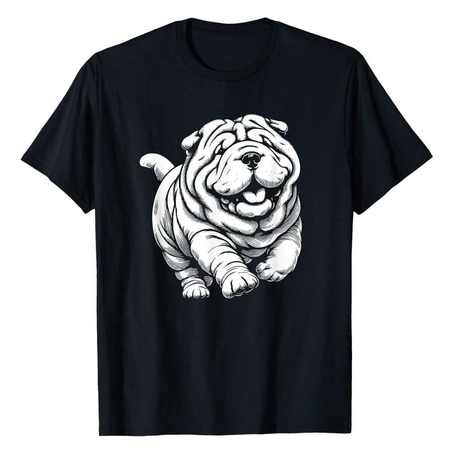 Cute Shar Pei Dog Running Art Design T-Shirt Versatile Women's T-Shirts - Black - View 1