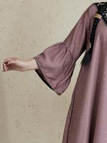 ASBB 重磅金色印花刺繡阿拉伯女款 JALABIYA 流蘇棕色優雅長裙，2026年秋季度假派對休閒穿搭，沙烏地阿拉伯國慶日造型 - 棕色 - 查看 4
