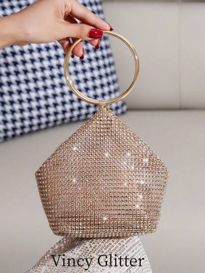 水钻装饰手提包，不对称造型派对手提包，别致圆形手柄化妆品手拿包，时尚欧美风格女包