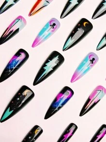 24pcs Elegant Star Sky Colorful Lightning Detachable Press-On Nail Tips Press On Nails