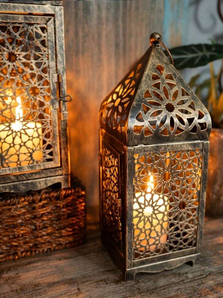 Moroccan Style Metal Lanterns, Hollow-Out Projection Iron Art Candle Holders, Vintage Style Gilded Hollow Carved Wind Lanterns, Suitable For Home, Courtyard, Garden, Villa, Festive Tabletop Decor For New Year, Halloween, Valentine's, Thanksgiving, Christmas, Home & Garden Decor Christmas Decorations Home Christmas Gifts Christmas Decor - Multicolor - View 5