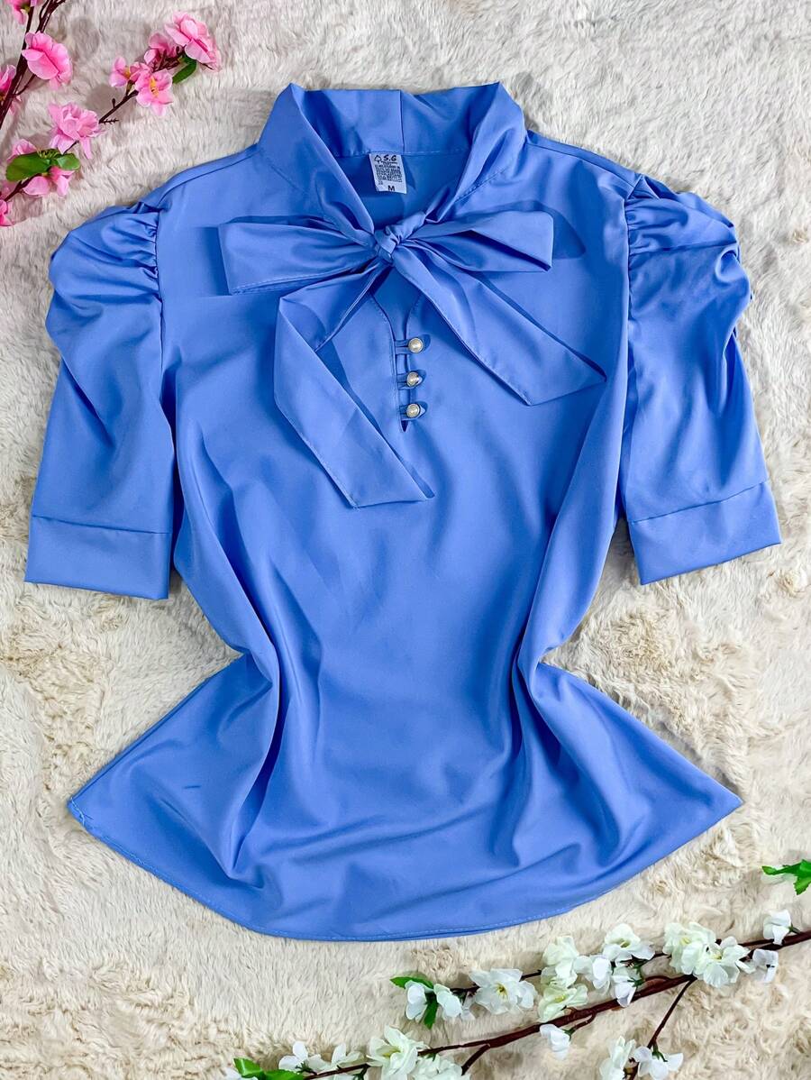 Women's Short Sleeve Puffed Blouse With Bow No. 8 - Baby Blue - View 1