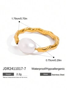 Uworld 1 件女士简约优雅淡水珍珠素面戒指开口戒指 18K 镀金不锈钢扭曲竹戒指适合日常佩戴节日派对节日婚礼等。 - 珍珠 - 查看 13