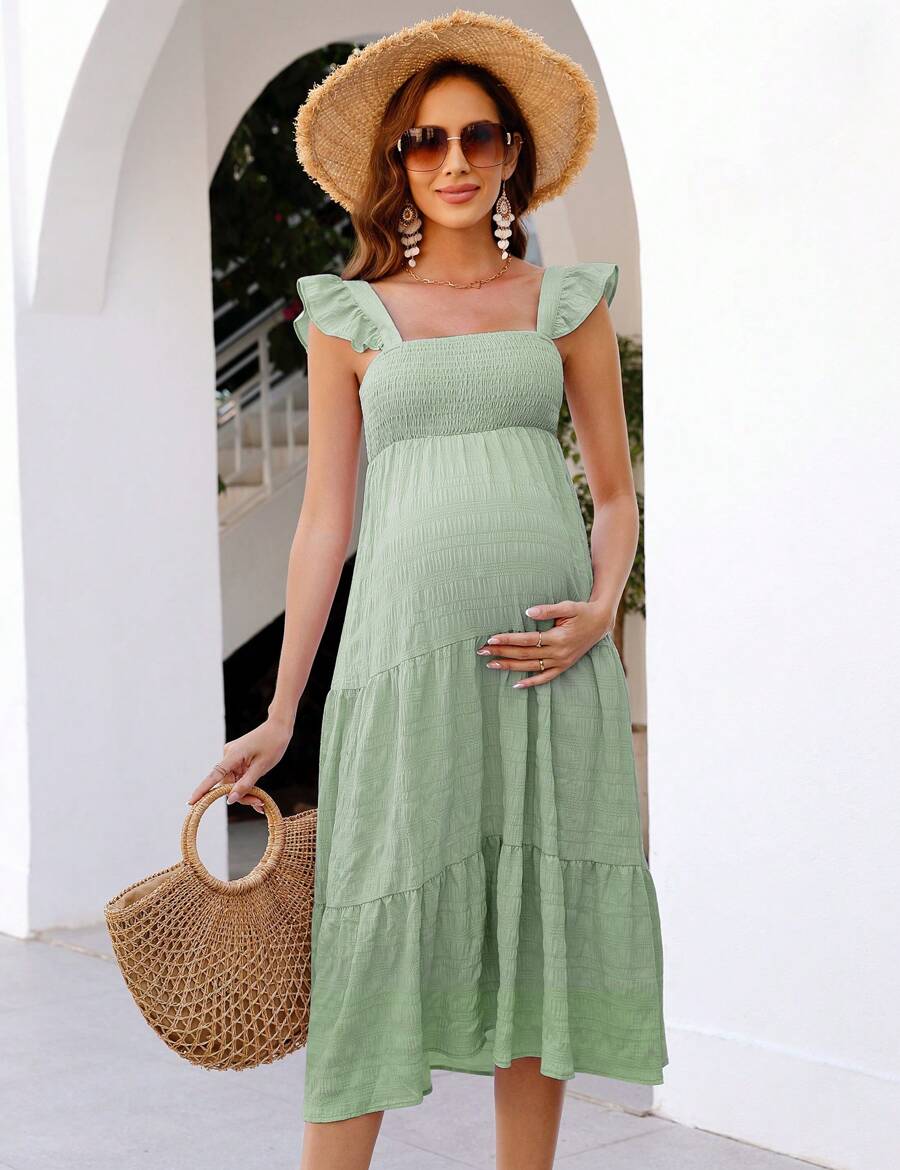 GoyRrbay Women's Maternity Summer Sleeveless Smocked Square Neck Dress - Green - View 1