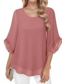 SANOPY Womens Blouses,Blouses For Women Dressy Casual,Women's Double Layer Mesh Shirt Pleated Three-Quarter Bell Sleeve Belted Casual Spring & Summer Shirt Top - Pink - View 2