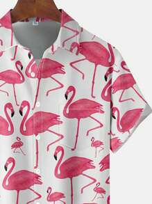 Flamingo 3D Digital Print Button-Down Pocket Short Sleeve Shirt For Men - Pink - View 3