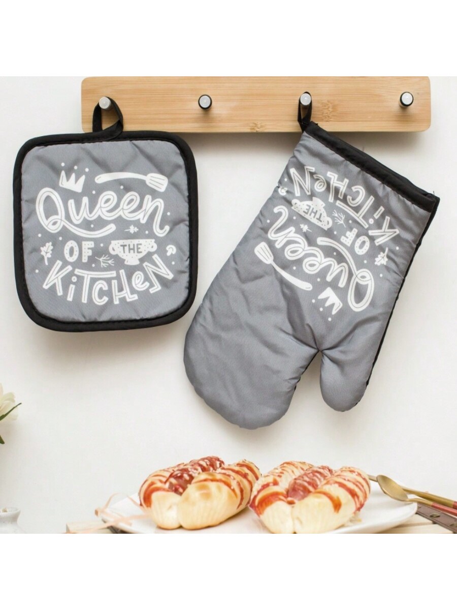 قفازات فرن 2 قطعة باللون الأسود والرمادي والأخضر و...