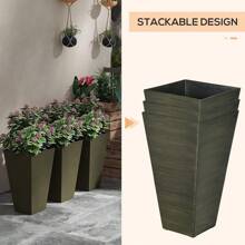 Outsunny 28" Tall Outdoor Planters, Set Of 3 Large Taper Planters With Drainage Holes And Plug, Faux Wood Plastic Flower Pots For Outdoor, Indoor, Garden, Patio, Light Brown - Màu xanh lá cây đậm - Xem 3