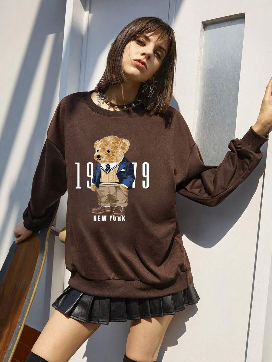 Women's Round Neck Sweatshirt, Sports Style, With New York Bear Doll Pattern. Suitable For Gatherings, Sports, Outdoor Leisure And Other Scenarios, This Is The Autumn And Winter Version