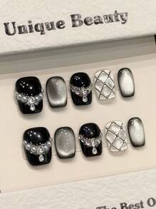 10pcs Black Glitter Cat Eye Rhinestone Pearl Diamond Handmade Acrylic Press On Nails Short Coffin Fake Nails, Simple French Nail Tips, DIY Nail Art Supplies, Reusable, Jelly Glue And Nail File