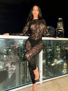 Women Long Sleeve Hollow Out High Stretch Lace Party Baddie Night Out Jumpsuit - màu đen - Xem 6