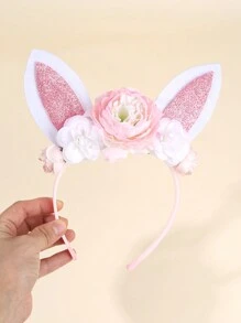 1pc Happy Easter Headband With Flower Decor,Cute Pink And White Rabbit Ears Party Costume Headdress For Party Supplies,Photo Props Hairband.