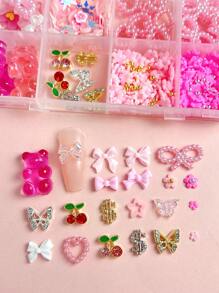 1 盒 12 格混合蝴蝶结、心形、珍珠、熊、迷你花朵、蝴蝶、樱桃硬币扁平水钻美甲装饰 DIY 美甲用品指甲饰指甲宝石 - 彩色 - 查看 5