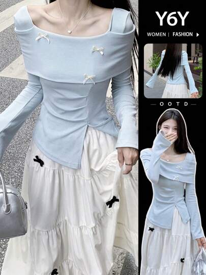 [Y6Y] 蝴蝶结柔美长袖针织上衣 | 不对称下摆设计，秋冬