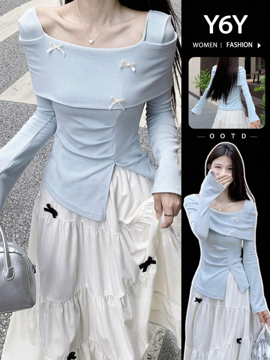 [Y6Y] 蝴蝶结柔美长袖针织上衣 | 不对称下摆设计，秋冬 - 藍色 - 查看 1