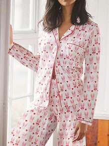 Women 2 Piece Easter Outfits Pajamas Sets Y2k Cute Bunny Print Long Sleeve Button Down Shirt Tops And Elastic Waist Wide Leg Long Pants Set Beach Vacation Streetwear Clothes Sleepwear Lounge PJs Sets