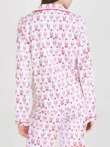 Women 2 Piece Easter Outfits Pajamas Sets Y2k Cute Bunny Print Long Sleeve Button Down Shirt Tops And Elastic Waist Wide Leg Long Pants Set Beach Vacation Streetwear Clothes Sleepwear Lounge PJs Sets