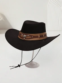 1pc Unisex Cowboy Hat With Cow Logo, Windproof Drawstring, Western Style, Suitable For Riding, Casual, Party, Outdoor, Daily Use - Multicolor - View 3