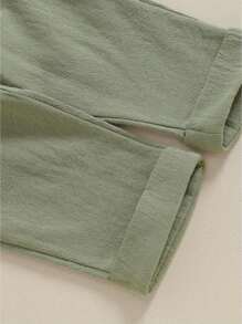 Toddler Boys Cotton Linen Outfits Buttons Short Sleeve Shirts And Elastic Waist Long Pants 2Pcs Clothes Set - 軍綠色 - 查看 7