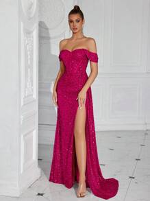 ADYCE Glitter Sweetheart Neck Pleated Waist Long Ribbon Tie Front Slit Backless Party Dress Prom Sequin Formal Dresses - Màu Hồng Tươi - Xem 6