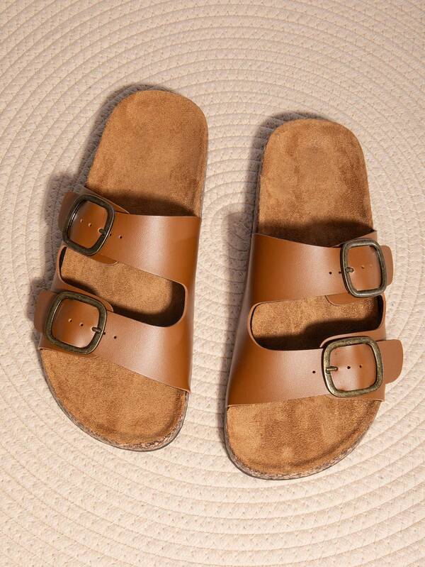 Damen Retro Lässig Slip-On Sandalen, flach rutschfest bequem, verstellbarer Doppelschnallen-Riemen, offene Zehenpartie geeignet für den Alltag, Frühling/Herbst