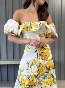 女装夏季优雅水果印花单肩弹力蕾丝泡泡袖派对精致轻熟风气质修身淑女法式复古节日风印花优雅情人节礼物毕业季节日女装连衣裙长裙 - 彩色 - 查看 5