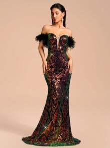 Elegant Sequin Embroidered Off-The-Shoulder Long Dress With Artificial Feather Sleeves, Suitable For Parties, Banquets And Formal Occasions - Multicolor - View 3